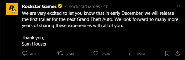 GTA 6 Announcement Trailer Release Date Tweet Early December Rockstar Games Leaks